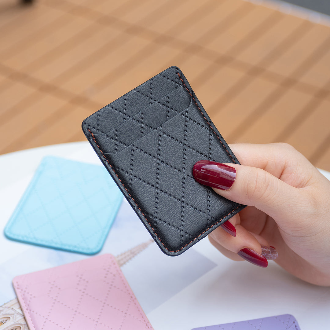 BFK11 Rhombus Design PU Leather Bank Card Bag Self-adhesive Phone Back Card Holder - Black