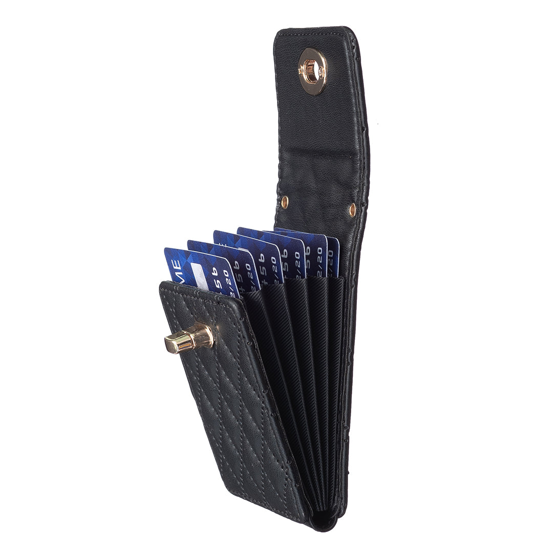 BFK07 Self-adhesive Phone Back Card Holder Metal Buckle PU Leather Multiple Cards Vertical Storage Bag - Black
