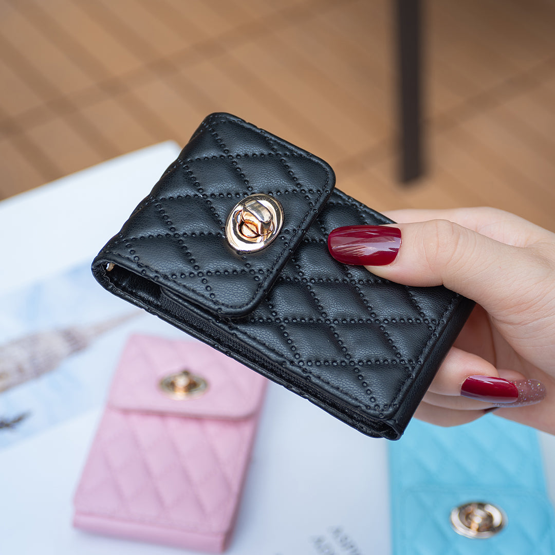 BFK07 Self-adhesive Phone Back Card Holder Metal Buckle PU Leather Multiple Cards Vertical Storage Bag - Black