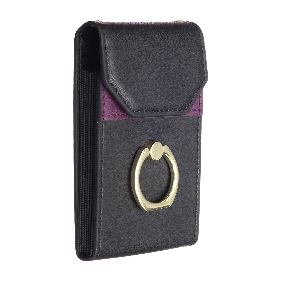 BFK04 Phone Card Holder Stick-on Card Sleeve Pocket Ring Kickstand Leather Pouch for Back of Phone - Black