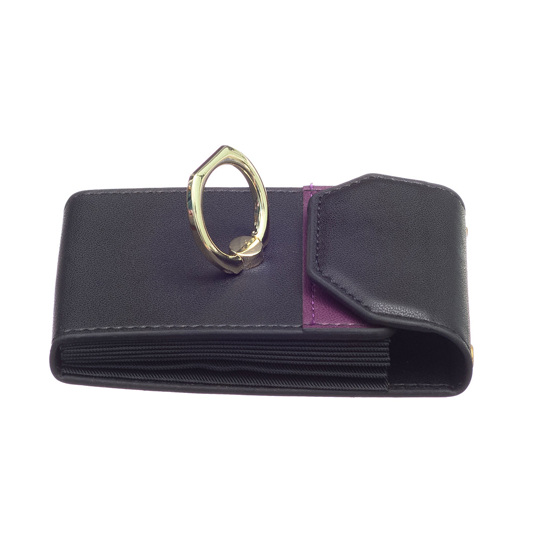 BFK04 Phone Card Holder Stick-on Card Sleeve Pocket Ring Kickstand Leather Pouch for Back of Phone - Black