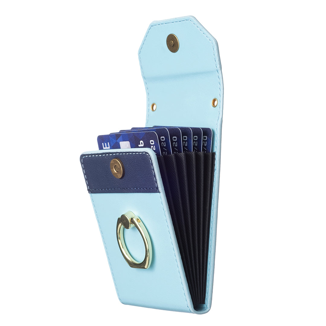 BFK04 Phone Card Holder Stick-on Card Sleeve Pocket Ring Kickstand Leather Pouch for Back of Phone - Blue