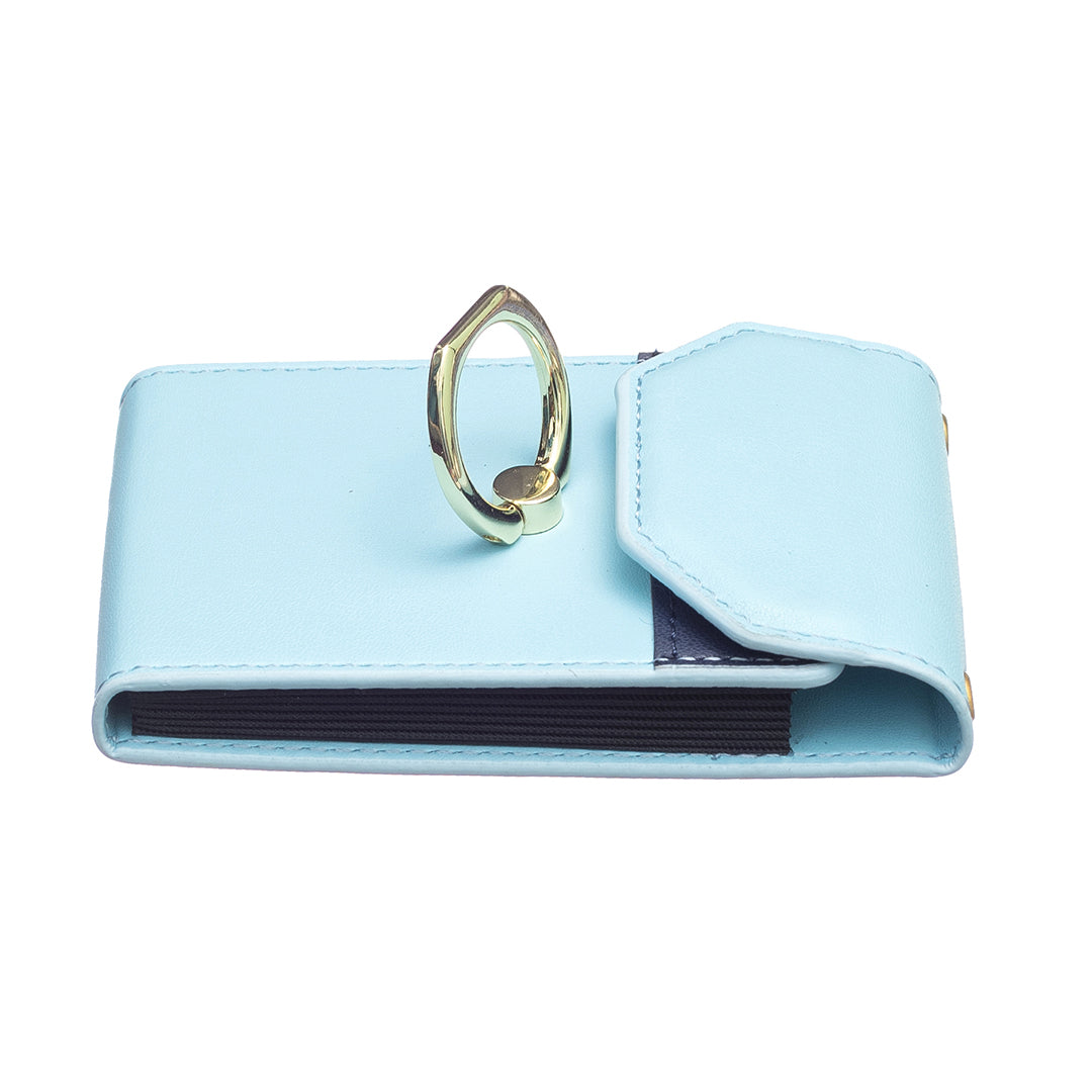 BFK04 Phone Card Holder Stick-on Card Sleeve Pocket Ring Kickstand Leather Pouch for Back of Phone - Blue