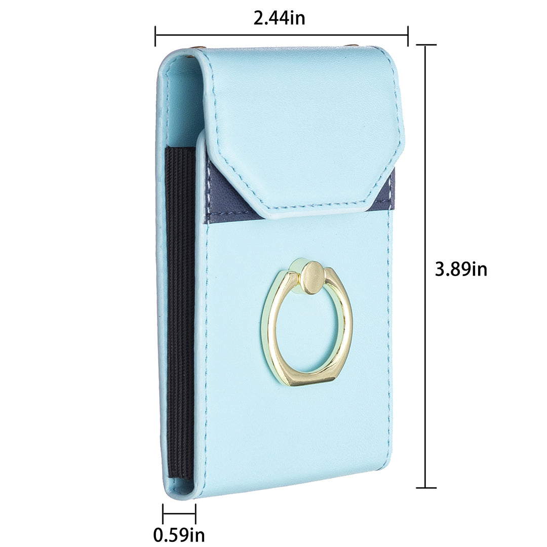 BFK04 Phone Card Holder Stick-on Card Sleeve Pocket Ring Kickstand Leather Pouch for Back of Phone - Blue