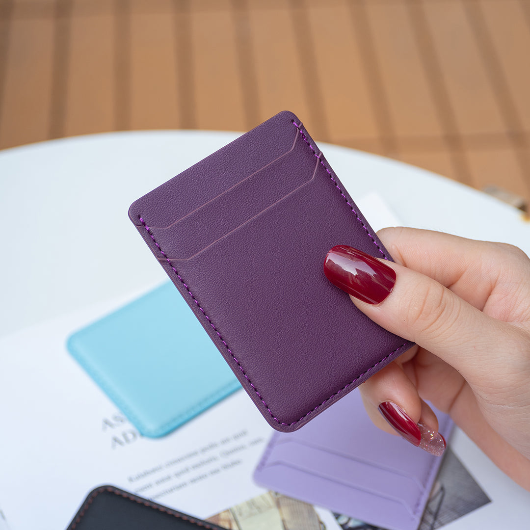 BFK12 Card Holder for Back of Phone Stick-on Credit Card Sleeve Pocket Litchi Leather Phone Pouch - Dark Purple