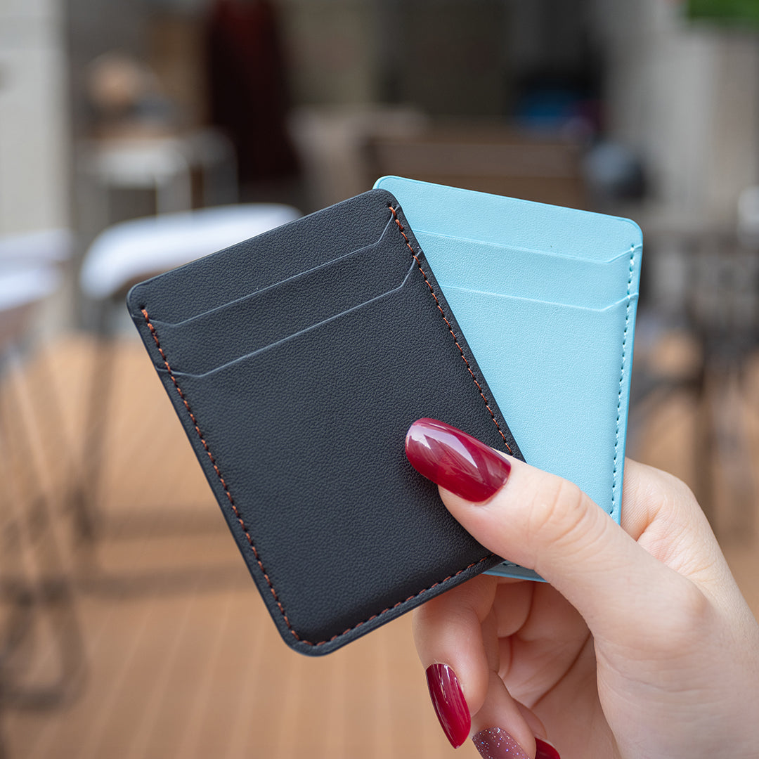 BFK12 Card Holder for Back of Phone Stick-on Credit Card Sleeve Pocket Litchi Leather Phone Pouch - Blue