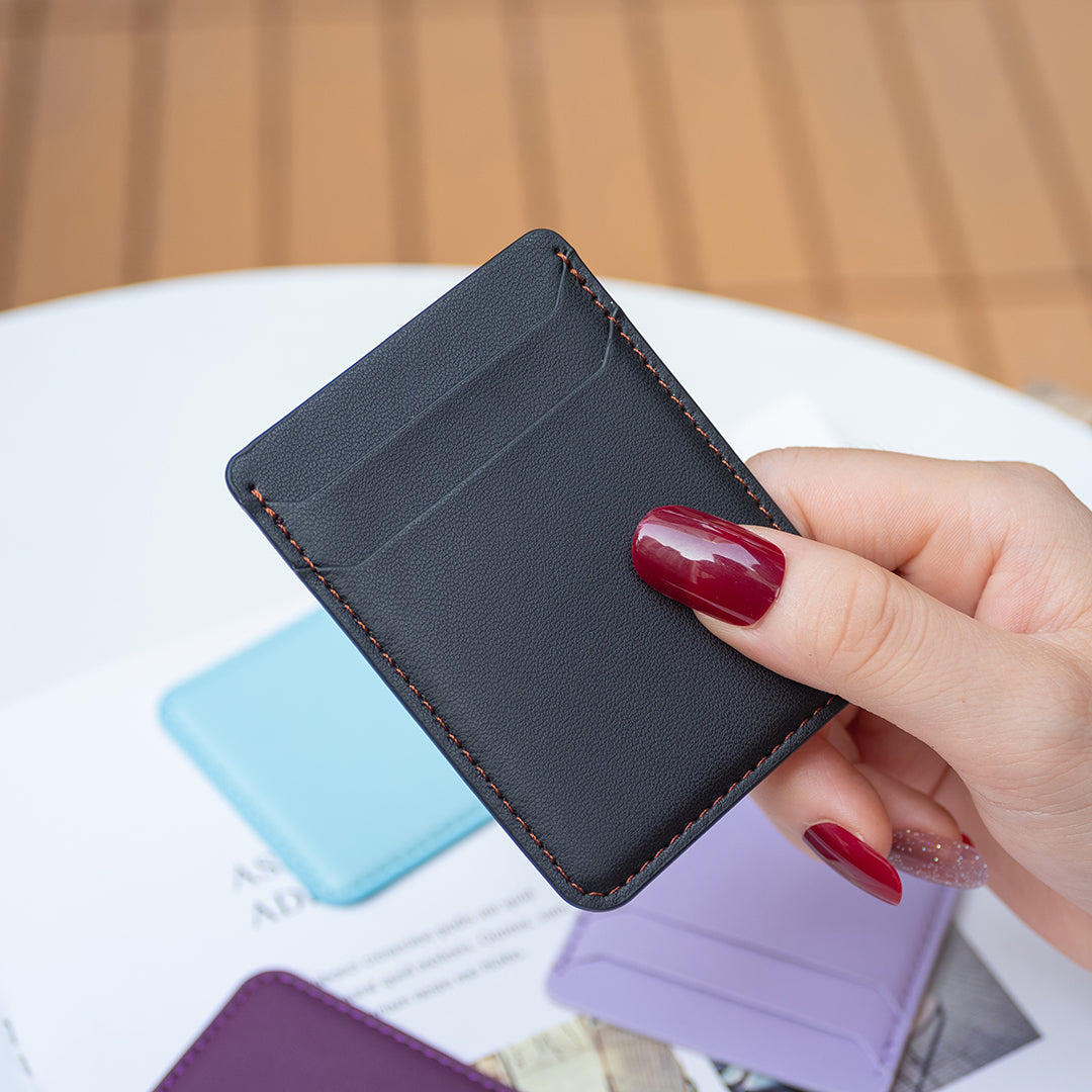 BFK12 Card Holder for Back of Phone Stick-on Credit Card Sleeve Pocket Litchi Leather Phone Pouch - Black