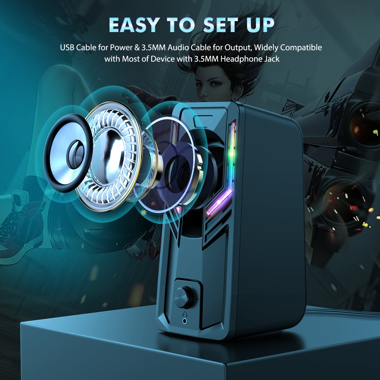 Uniqkart G6 Laptop Notebook Computer Speaker USB Wired Powered Multimedia Speaker 3D Sound Effect with Atmosphere Lights