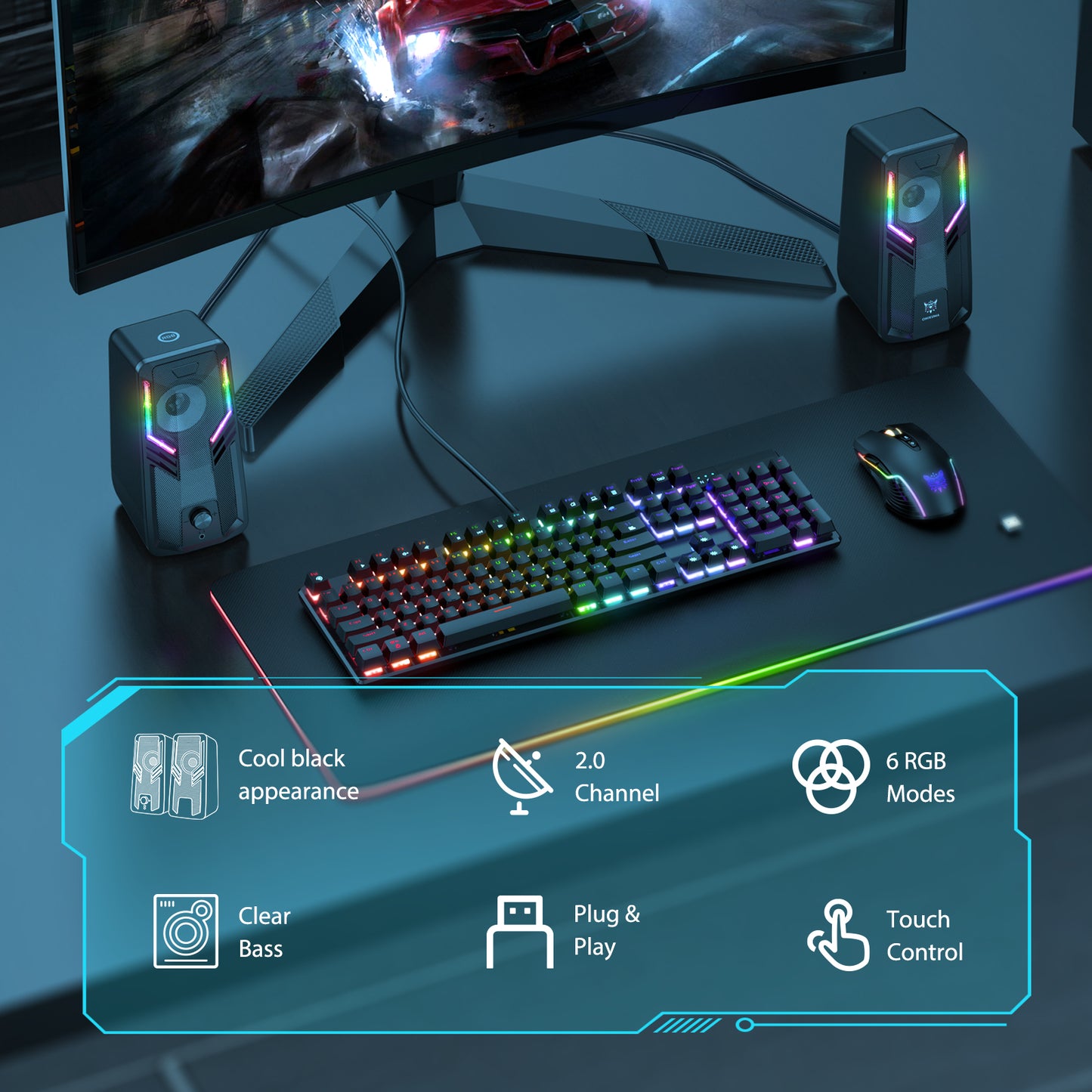 Uniqkart G6 Laptop Notebook Computer Speaker USB Wired Powered Multimedia Speaker 3D Sound Effect with Atmosphere Lights
