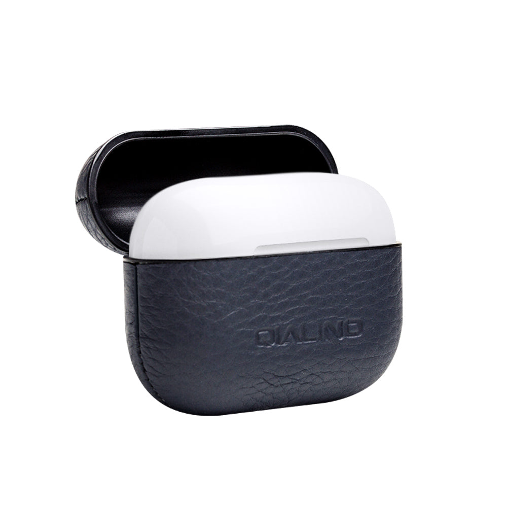 Uniqkart For Apple AirPods Pro Shockproof Style Earphone Charging Box Protective Cover Cowhide Leather Case - Blue