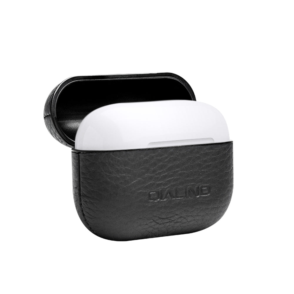 Uniqkart For Apple AirPods Pro Shockproof Style Earphone Charging Box Protective Cover Cowhide Leather Case - Black