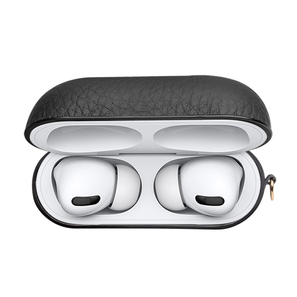 Uniqkart For Apple AirPods Pro Shockproof Style Earphone Charging Box Protective Cover Cowhide Leather Case - Black