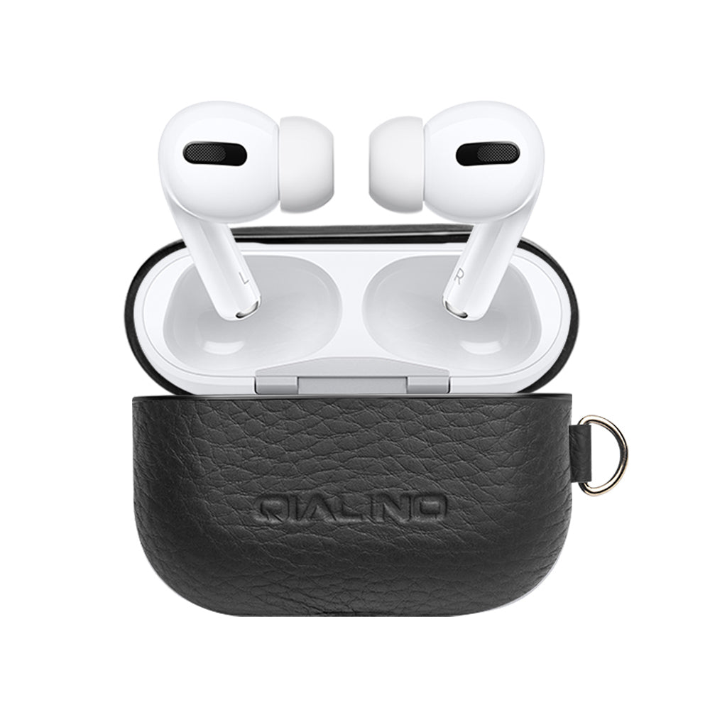 Uniqkart For Apple AirPods Pro Shockproof Style Earphone Charging Box Protective Cover Cowhide Leather Case - Black