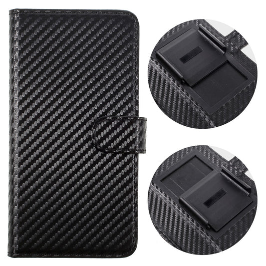 Carbon Fiber Universal Slide Up Leather Wallet Case for iPhone SE (2nd Generation) /8 /7 /6s /6,  Width: 53- 70mm - Black