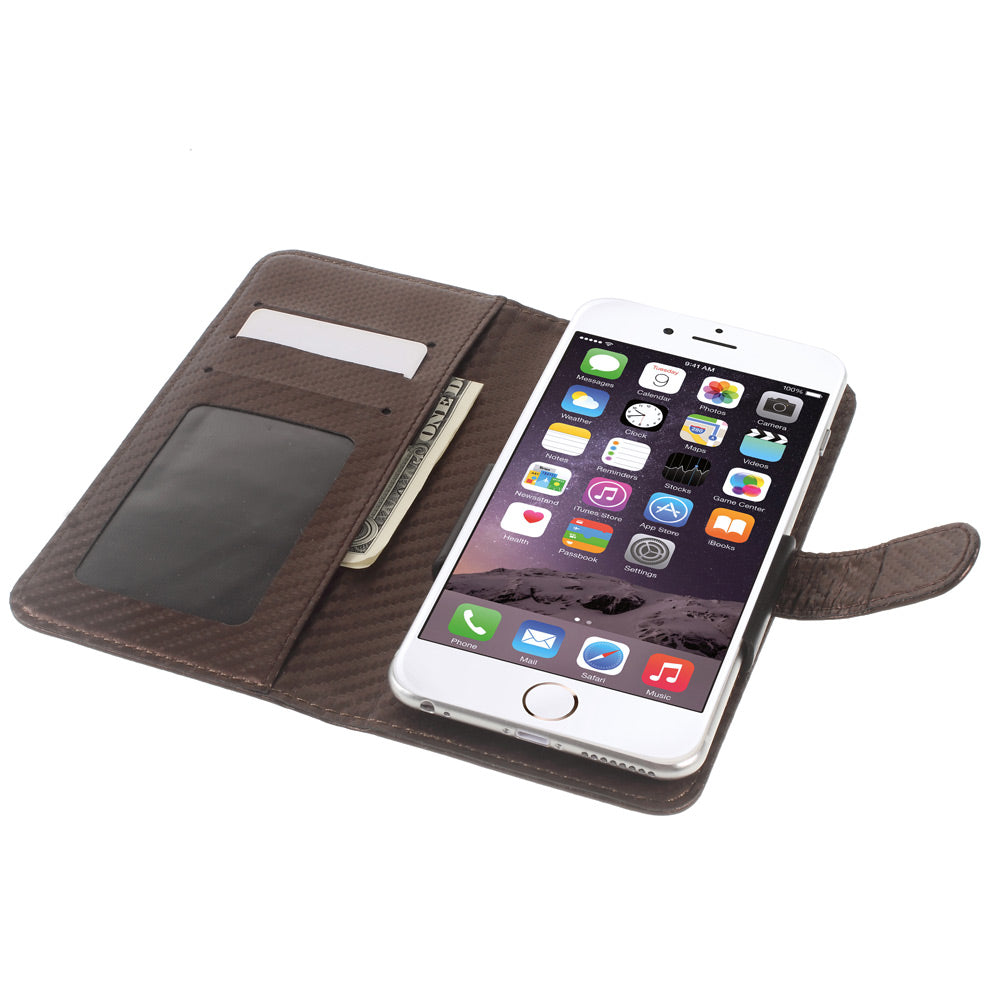 Carbon Fiber Universal Slide Up Leather Protective Case for iPhone SE (2nd Generation) /8 /7 /6s /6,  Width: 53-70mm - Coffee