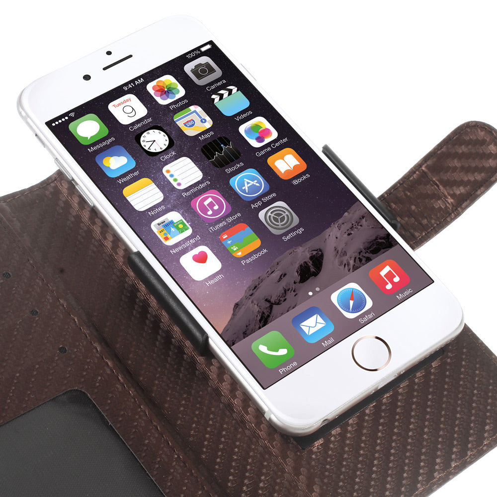 Carbon Fiber Universal Slide Up Leather Protective Case for iPhone SE (2nd Generation) /8 /7 /6s /6,  Width: 53-70mm - Coffee