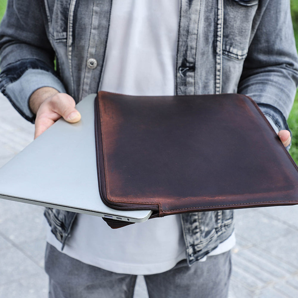 CONTACTS FAMILY Retro Crazy Horse Cowhide Genuine Leather Laptop Sleeve Case with Hand Strap for MacBook Pro/Air 13.3inch