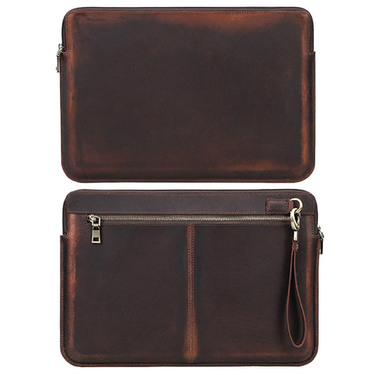 CONTACTS FAMILY Large Capacity Retro Crazy Horse Cowhide Genuine Leather Laptop Protective Bag with Hand Strap for MacBook Pro 15.4inch/16inch