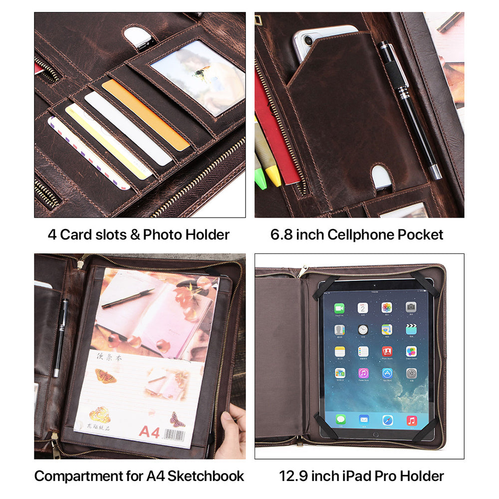 CONTACTS FAMILY Crazy Horse Genuine Leather Large Capacity Business Portfolio Laptop Bag for 13.3inch Notebook