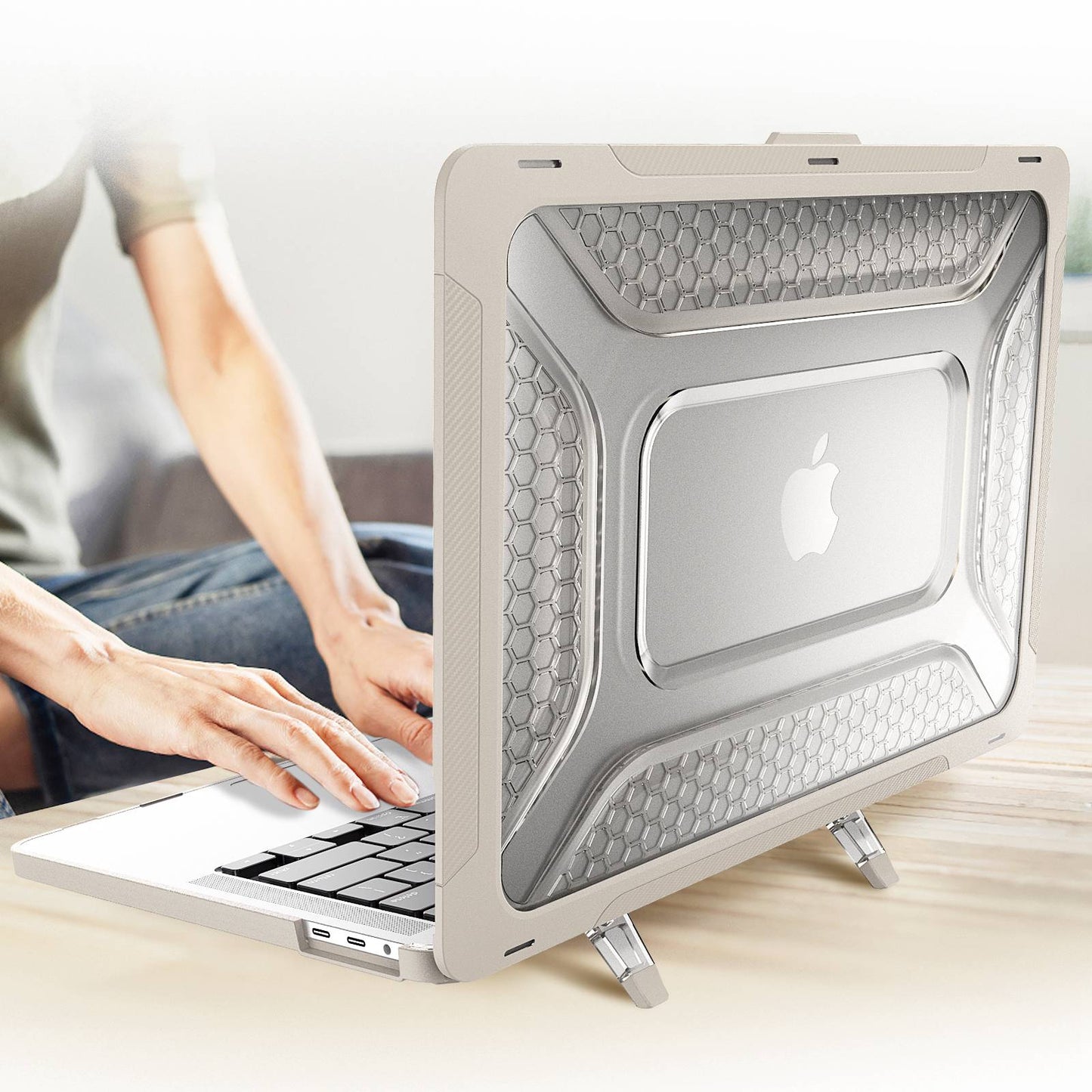 for MacBook Pro 13 inch (2020) PC + TPU Laptop Case Anti-scratch Full-Protection Notebook Cover with Supporting Feet - Apricot