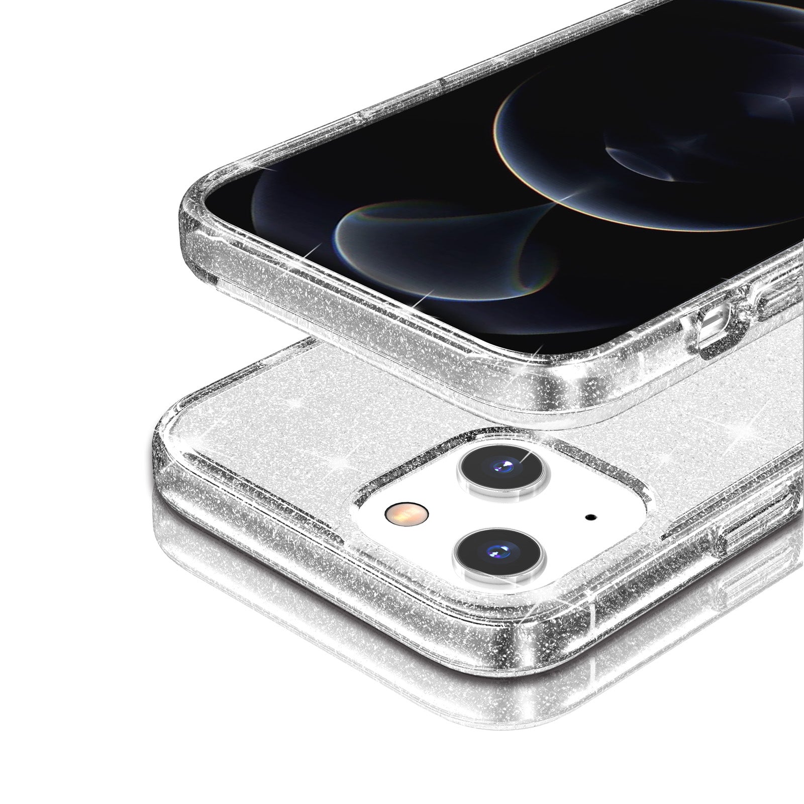 Uniqkart for iPhone 15 Bump Proof Protective Case Sparkly Glitter Hard PC + Soft TPU Phone Cover - White
