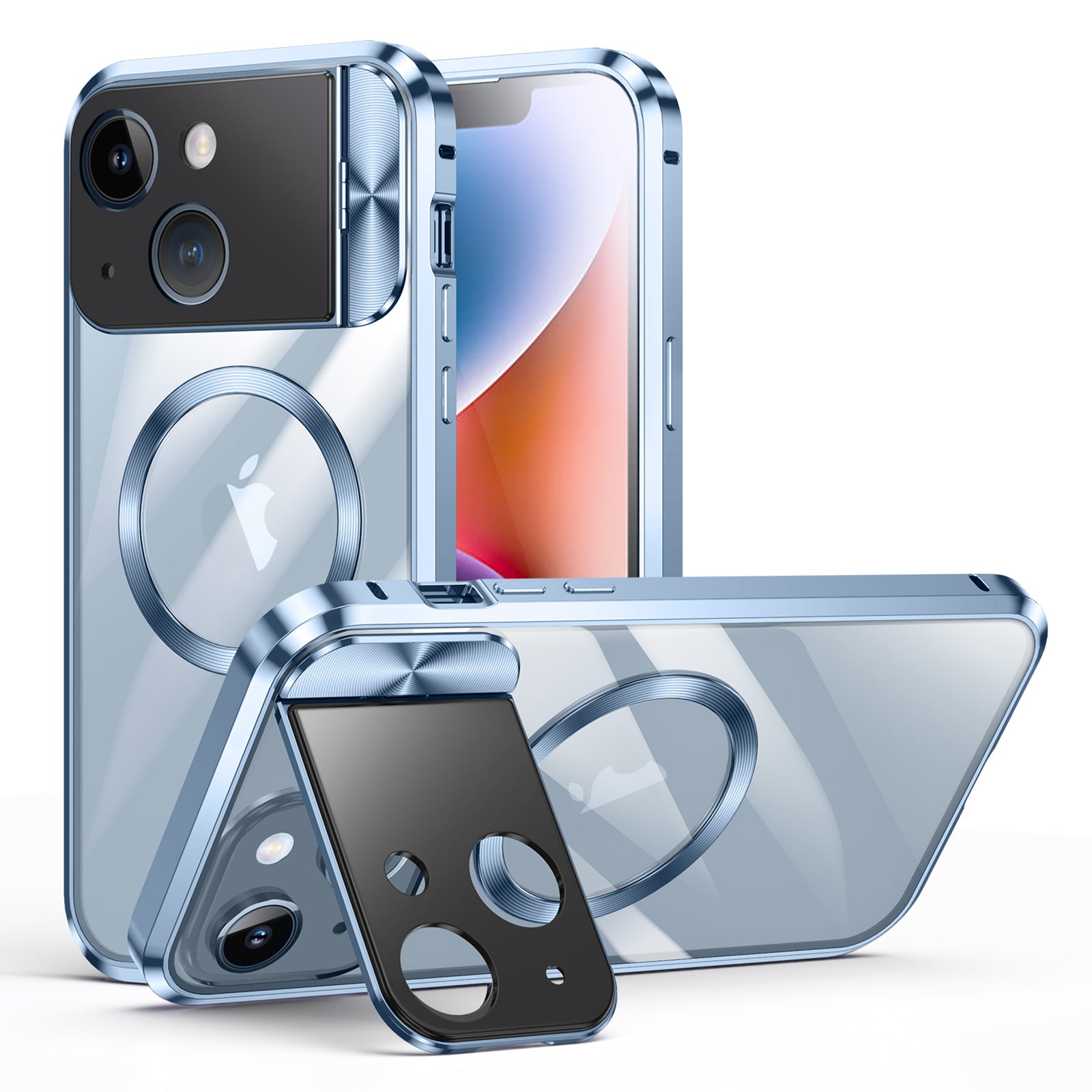 Phone Case Compatible with MagSafe for iPhone 14 , Tempered Glass+Aluminum Alloy+PC Cover with Kickstand - Blue