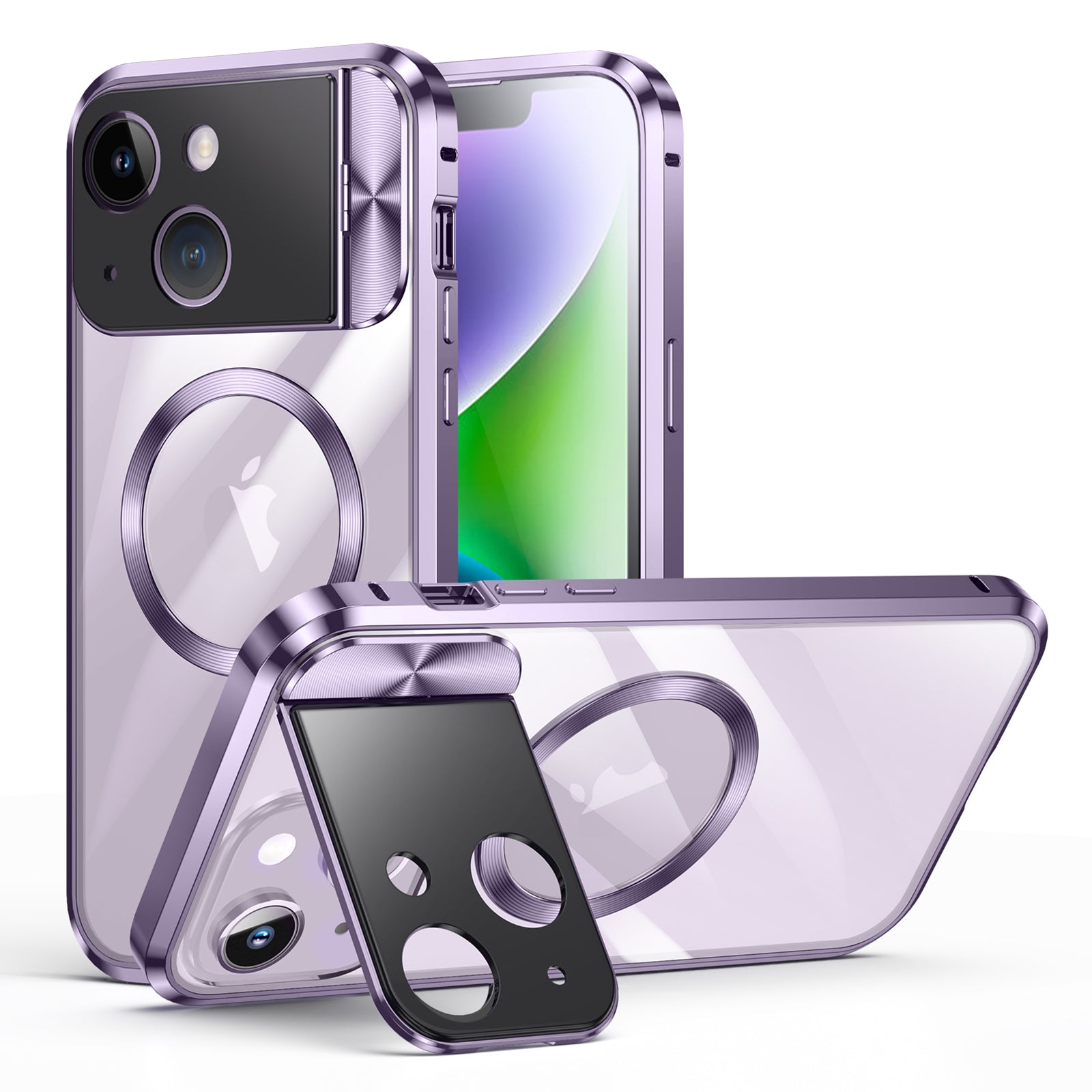 Phone Case Compatible with MagSafe for iPhone 14 , Tempered Glass+Aluminum Alloy+PC Cover with Kickstand - Purple