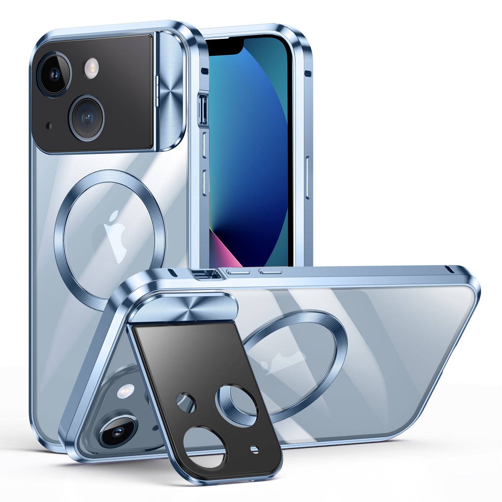 Kickstand Case Compatible with MagSafe for iPhone 13 , Tempered Glass+Aluminum Alloy+PC Cover Magnetic Phone Cover - Blue