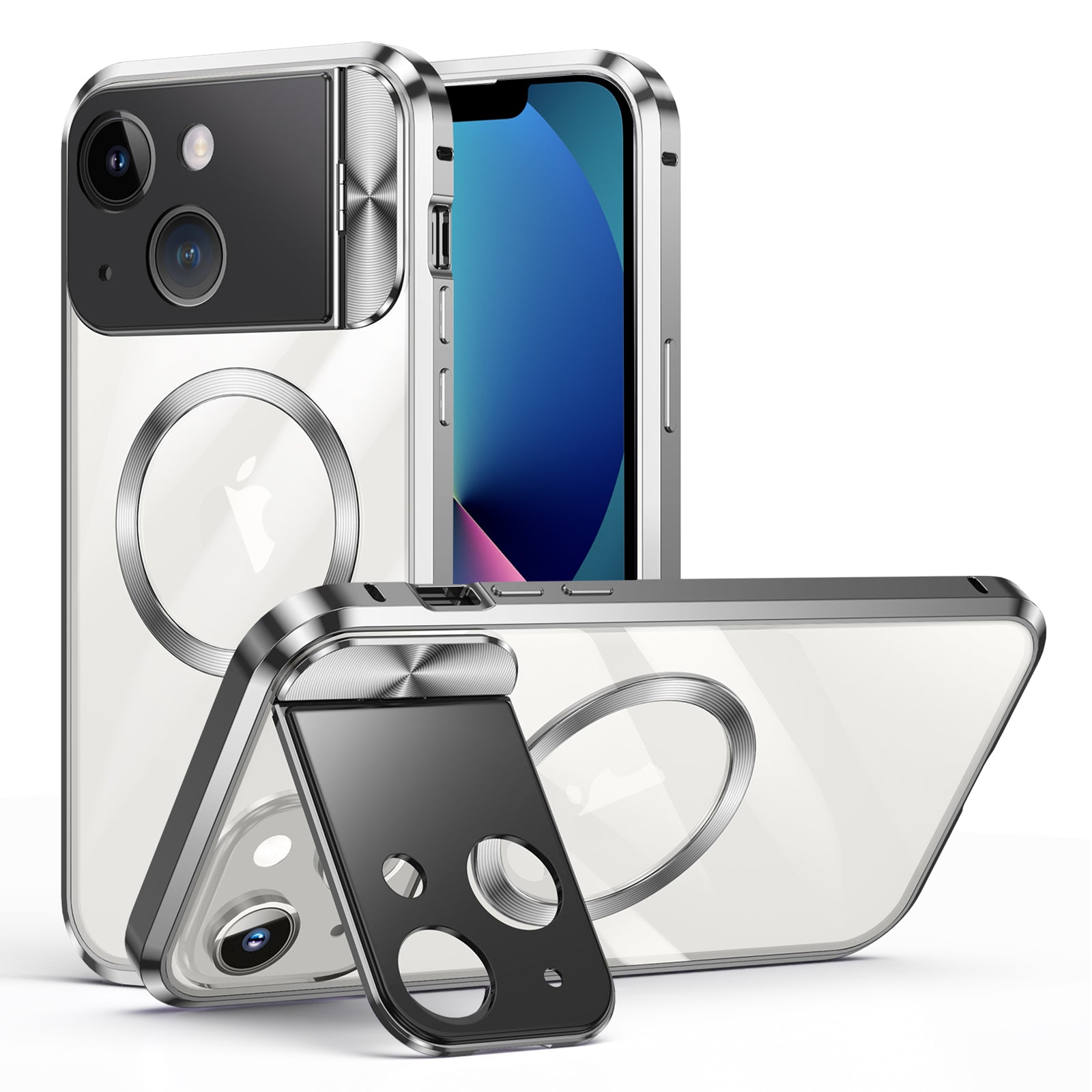 Kickstand Case Compatible with MagSafe for iPhone 13 , Tempered Glass+Aluminum Alloy+PC Cover Magnetic Phone Cover - Silver