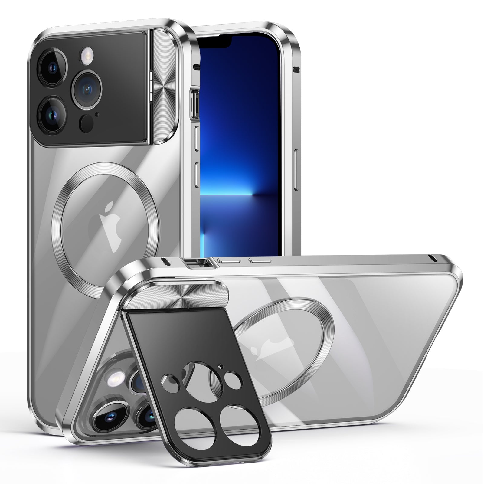 Compatible with MagSafe Phone Case for iPhone 13 Pro 6.1 inch Tempered Glass+Aluminum Alloy+PC Cover with Kickstand - Silver