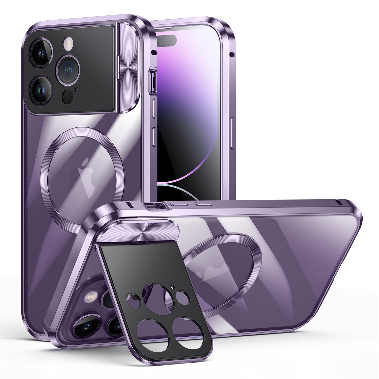 for iPhone 14 Pro Max Kickstand Case Tempered Glass+Aluminum Alloy+PC Phone Cover Compatible with MagSafe - Purple