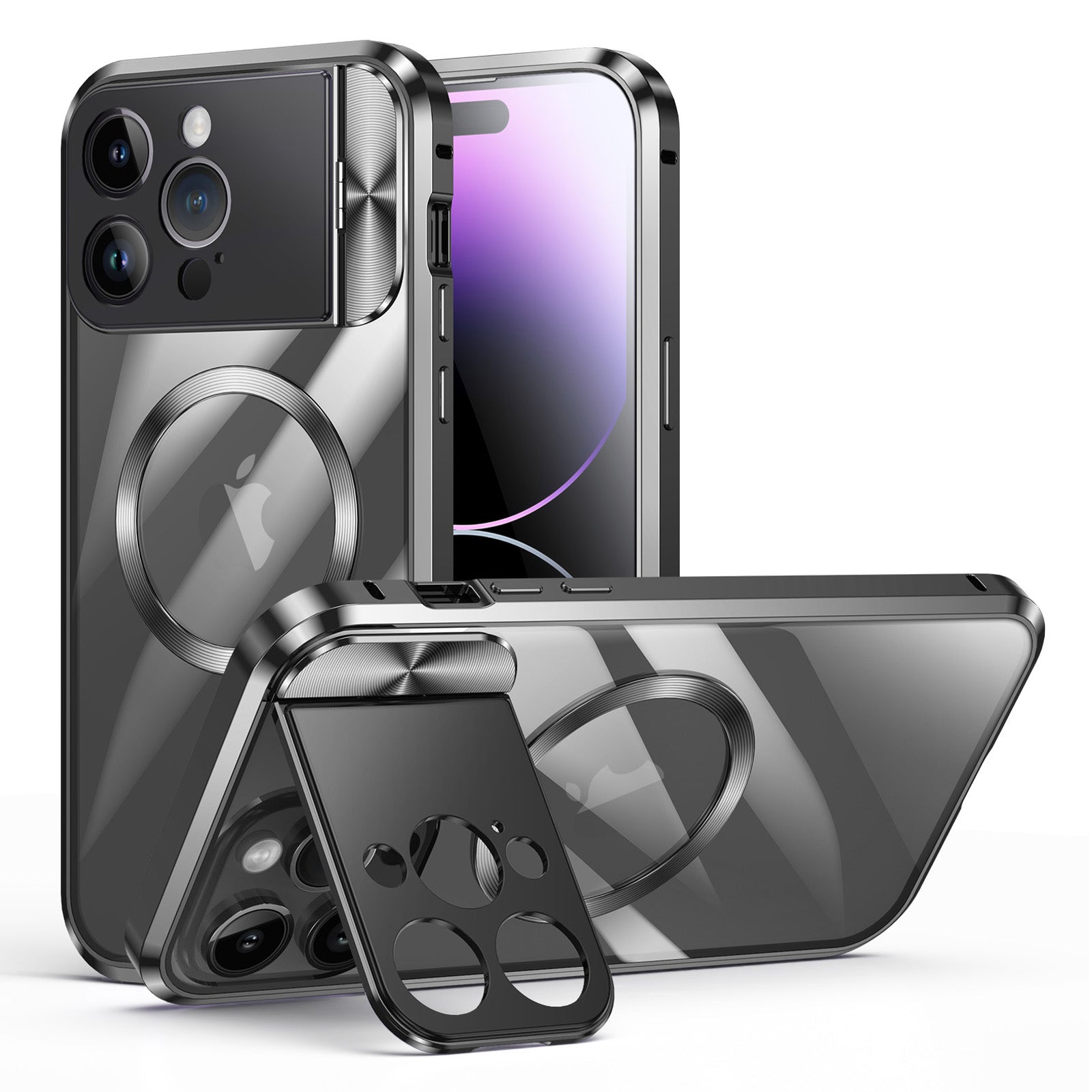 for iPhone 14 Pro Max Kickstand Case Tempered Glass+Aluminum Alloy+PC Phone Cover Compatible with MagSafe - Black