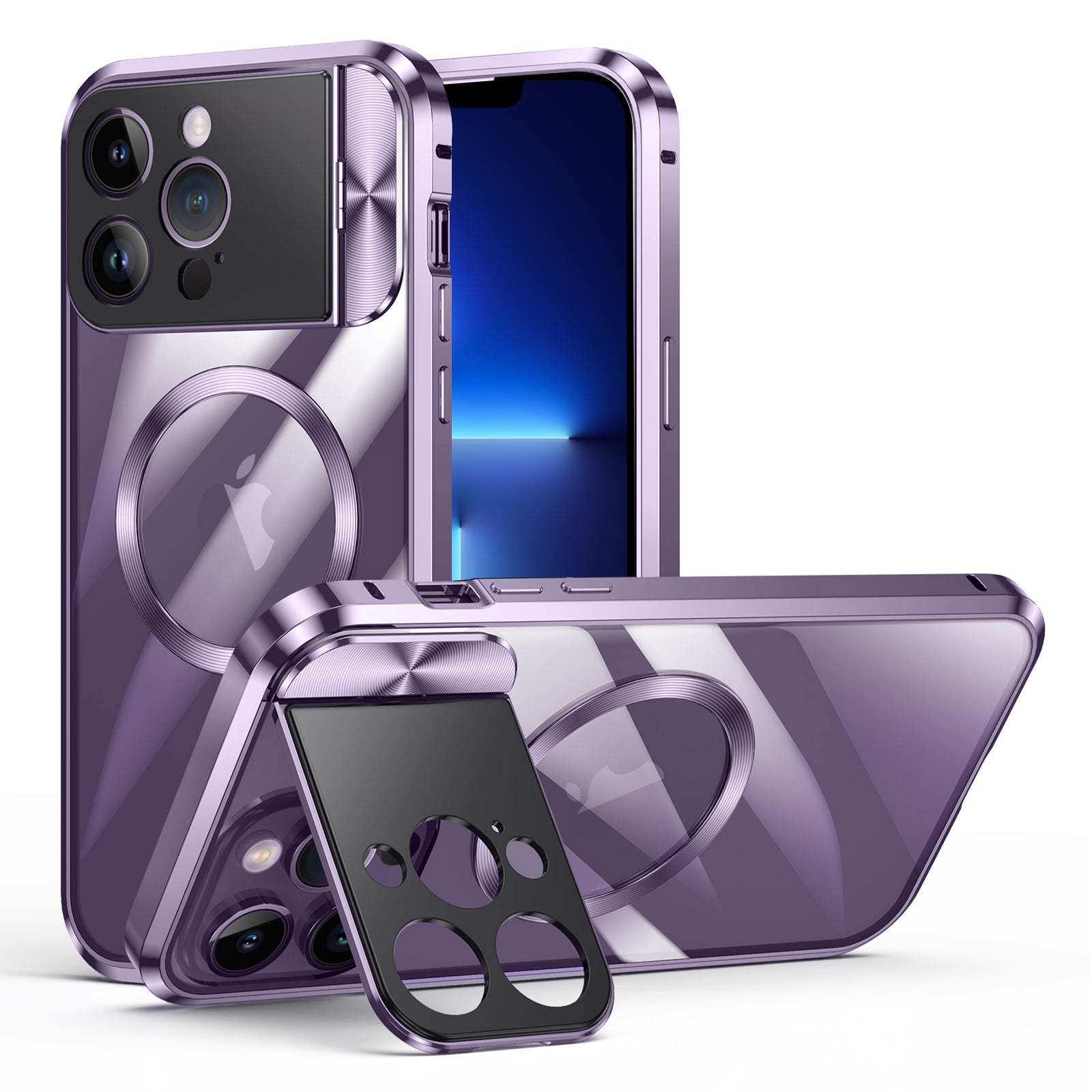 Compatible with MagSafe Phone Cover for iPhone 13 Pro Max 6.7 inch Tempered Glass+Aluminum Alloy+PC Kickstand Case - Purple