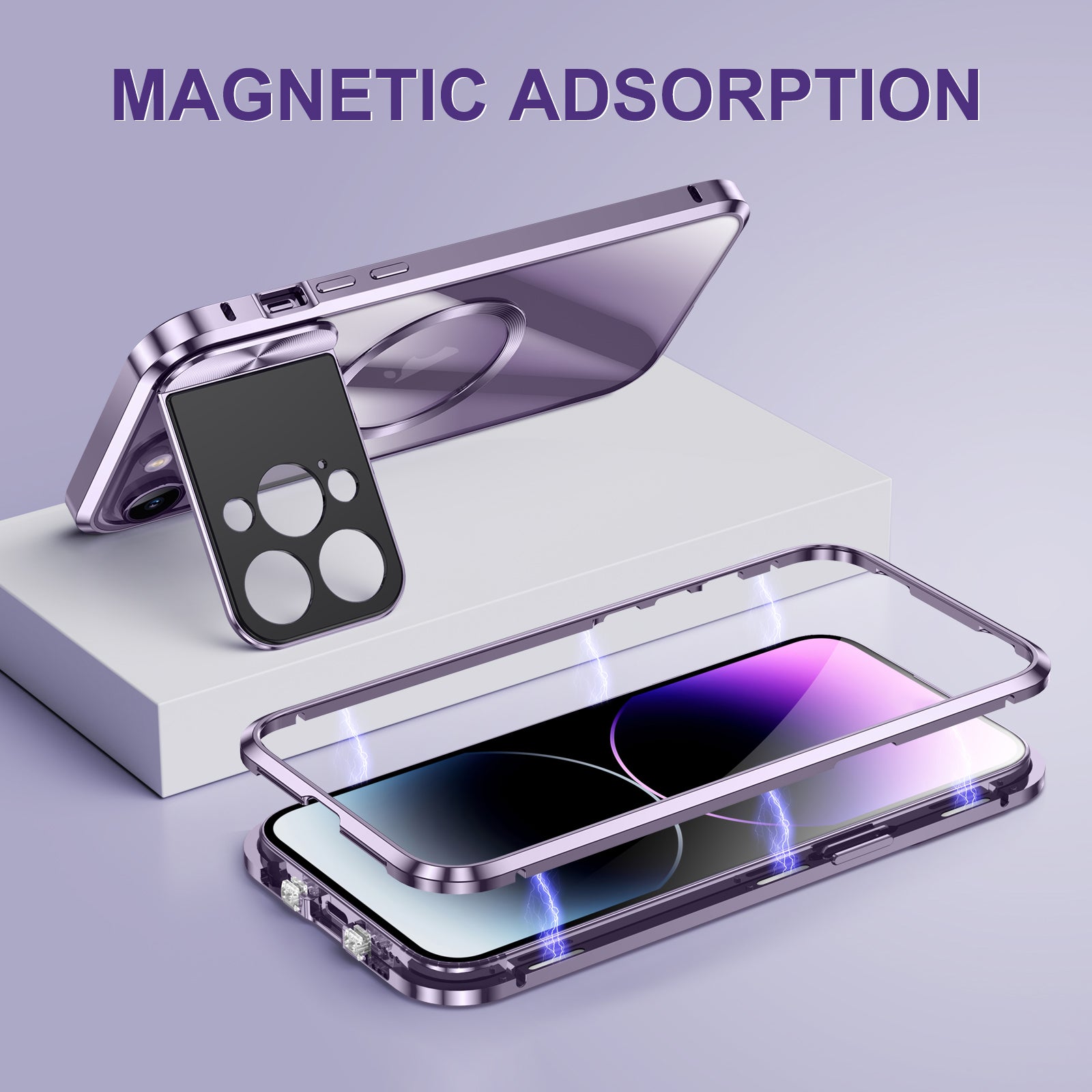 Compatible with MagSafe Phone Cover for iPhone 13 Pro Max 6.7 inch Tempered Glass+Aluminum Alloy+PC Kickstand Case - Purple