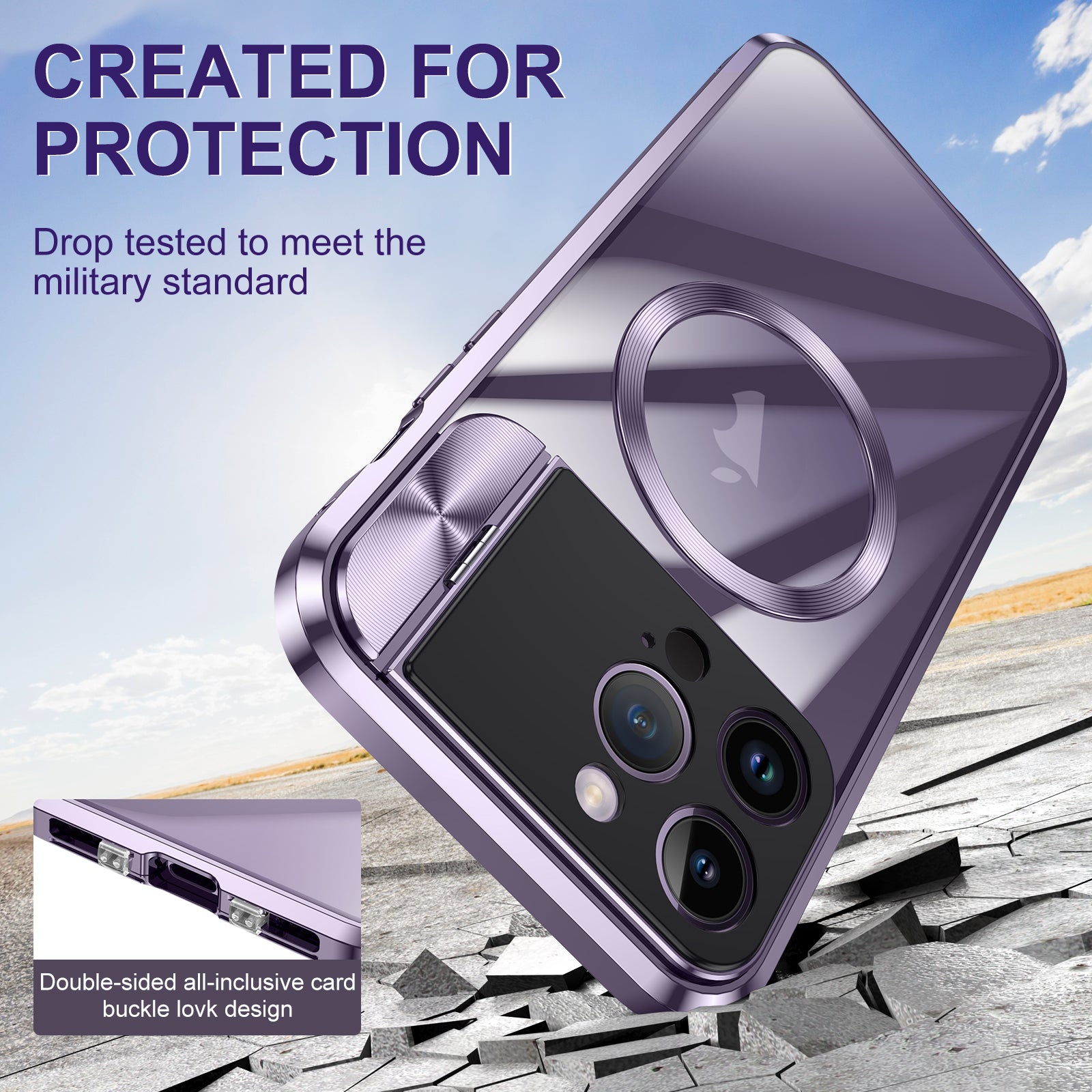 Compatible with MagSafe Phone Cover for iPhone 13 Pro Max 6.7 inch Tempered Glass+Aluminum Alloy+PC Kickstand Case - Purple