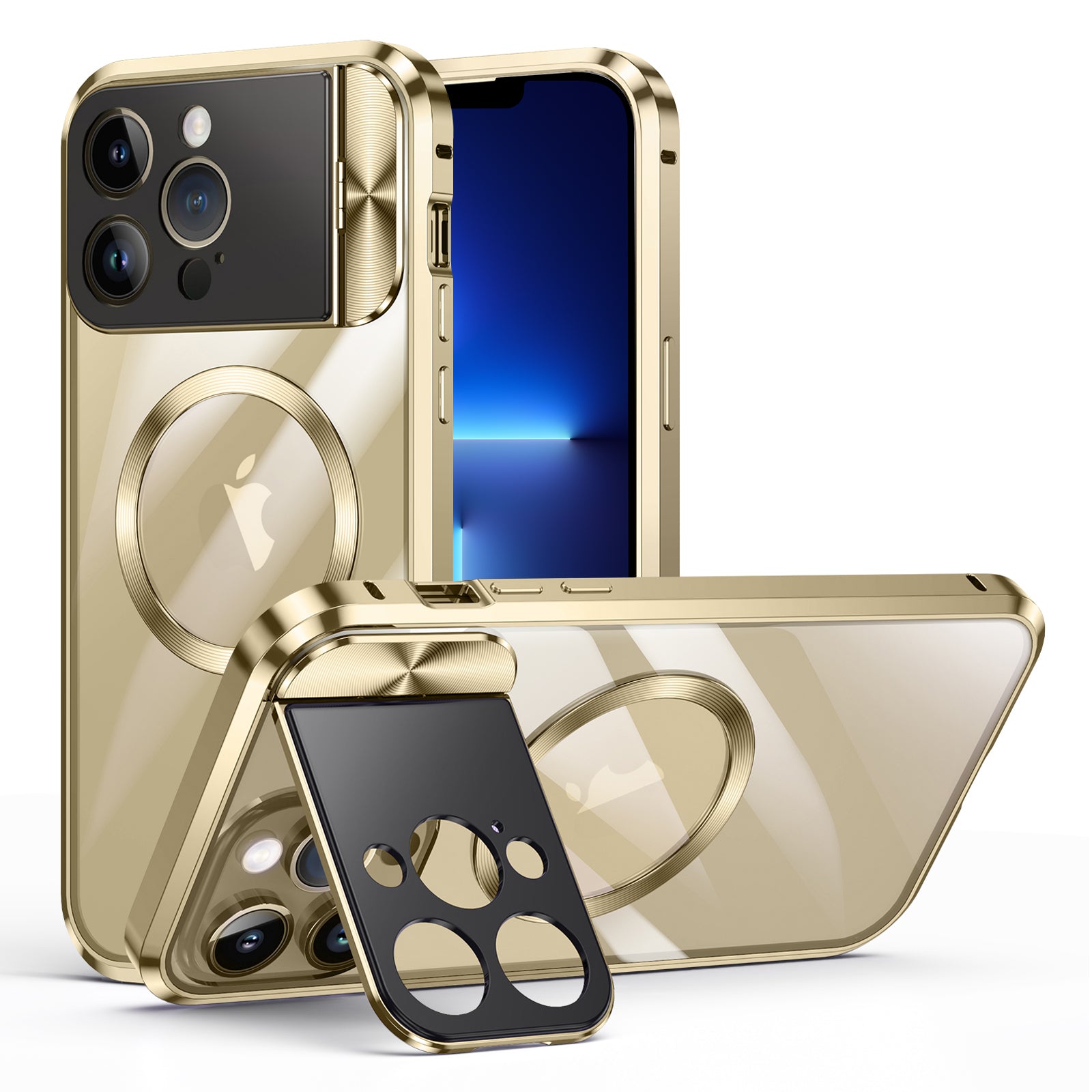 Compatible with MagSafe Phone Cover for iPhone 13 Pro Max 6.7 inch Tempered Glass+Aluminum Alloy+PC Kickstand Case - Gold