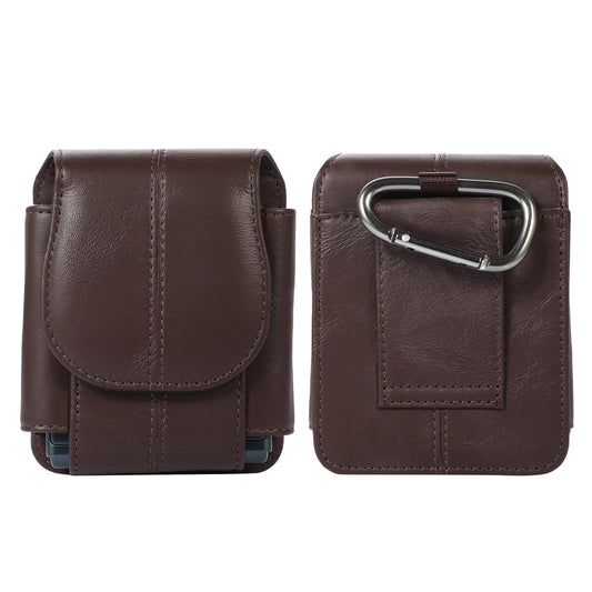 Uniqkart for Galaxy Z Flip3 5G/Huawei P50 Pocket/Motorola Razr 5G Cell Phone Belt Holster Phone Case Cowhide Leather Waist Pouch with Hook - Dark Brown