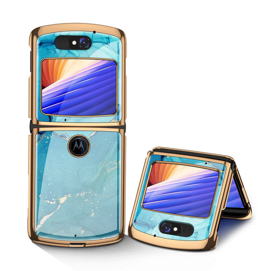 Uniqkart Shockproof Colored Drawing PC + Tempered Glass Phone Cover for Motorola Razr 5G - Blue Marble Grain