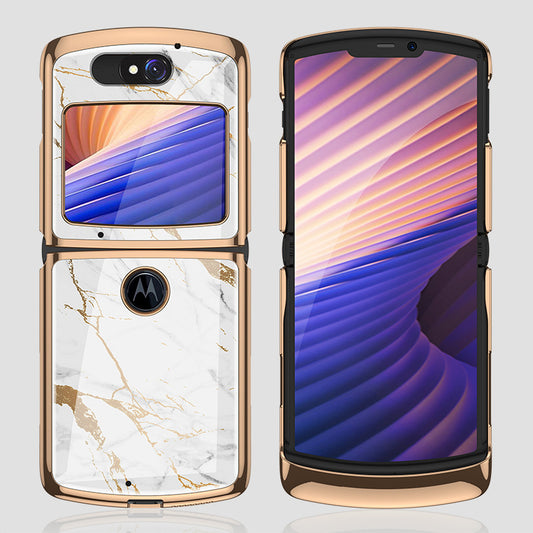 Uniqkart Shockproof Colored Drawing PC + Tempered Glass Phone Cover for Motorola Razr 5G - White Marble Grain/Champagne