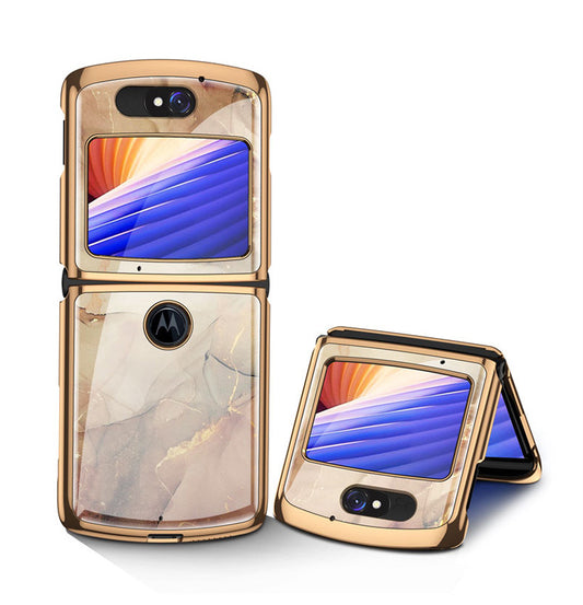 Uniqkart Shockproof Colored Drawing PC + Tempered Glass Phone Cover for Motorola Razr 5G - Golden Marble Grain