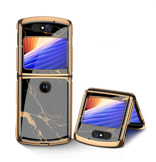 Uniqkart Shockproof Colored Drawing PC + Tempered Glass Phone Cover for Motorola Razr 5G - Black Marble Grain