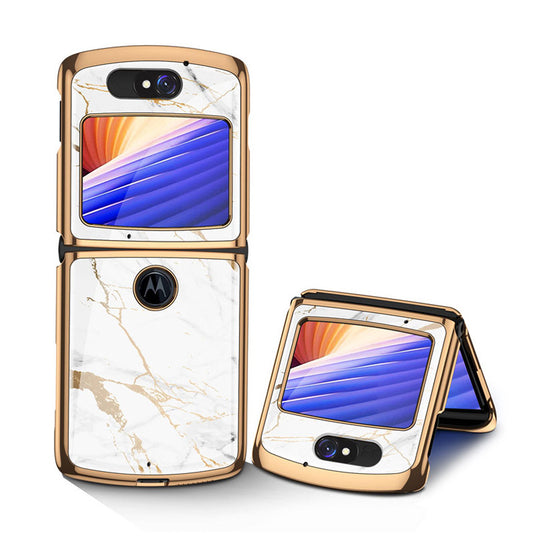 Uniqkart Shockproof Colored Drawing PC + Tempered Glass Phone Cover for Motorola Razr 5G - White Marble Grain/Golden