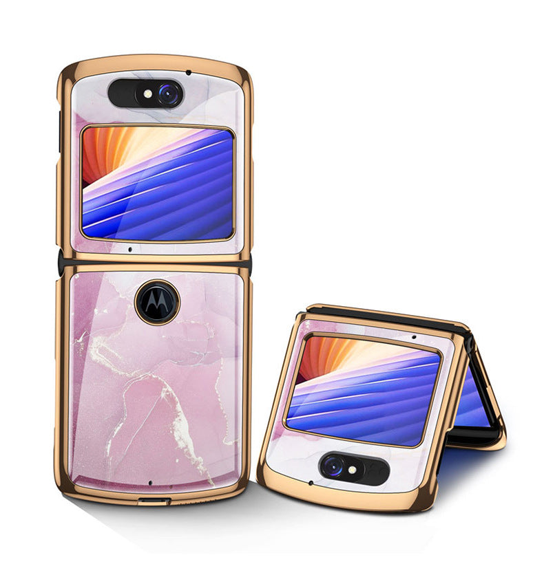 Uniqkart Shockproof Colored Drawing PC + Tempered Glass Phone Cover for Motorola Razr 5G - Pink Mrable Grain