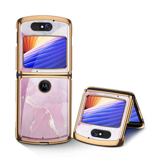 Uniqkart Shockproof Colored Drawing PC + Tempered Glass Phone Cover for Motorola Razr 5G - Pink Mrable Grain
