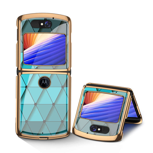 Uniqkart Shockproof Colored Drawing PC + Tempered Glass Phone Cover for Motorola Razr 5G - Green Diamond Pattern