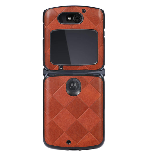 Uniqkart for Motorola Razr 5G Grid Texture PU Leather Coated Phone Case Hard PC + Soft TPU Protective Cover - Brown