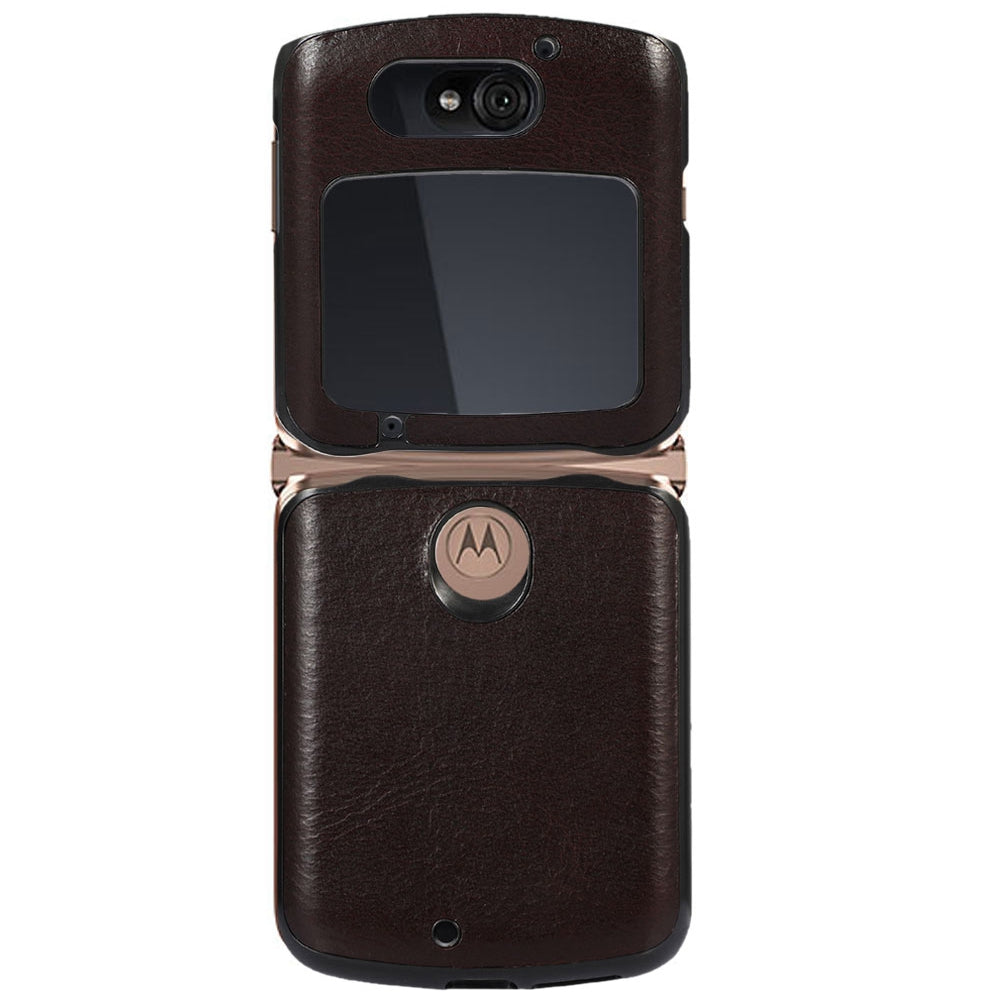 Uniqkart for Motorola Razr 5G 2 Piece Design Phone Case Crazy Horse Texture Genuine Cowhide Leather Coated PC + TPU Cover - Coffee