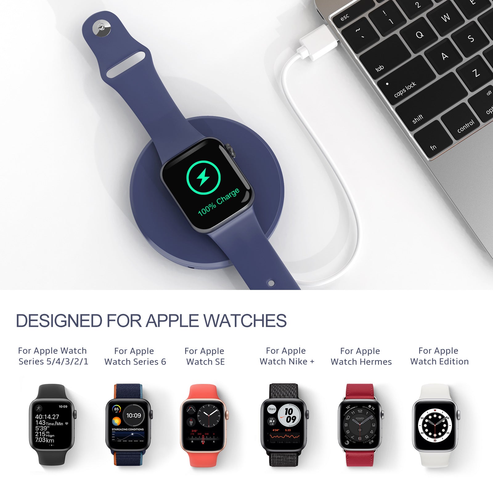 Type-C Smart Watch Charging Stand Holder Desktop Cable Winder Charger Cradle for Apple Watch Series - Black