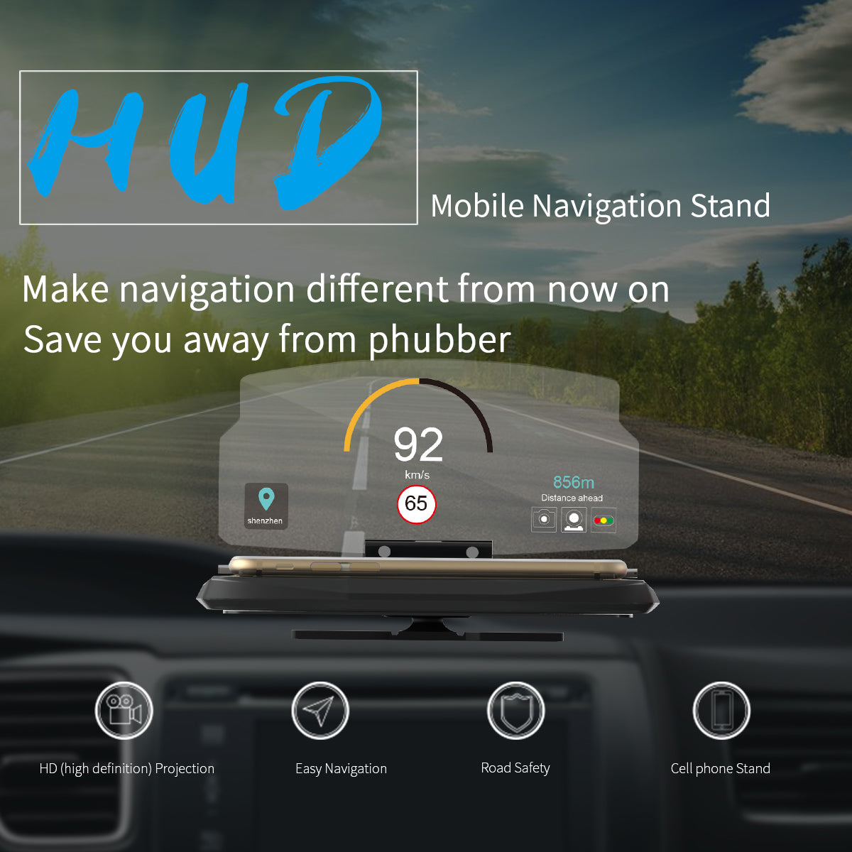 Car Head Up Display HUD Car Cell Phone GPS Navigation Image Reflector Holder - Black