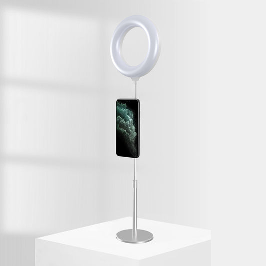 R-JUST Rotary 3 Modes LED Ring Light Magnetic Phone Holder Bracket Table Lamp for Live Stream Make Up - Silver